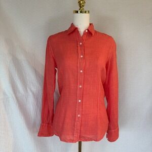 Benson NYC Women 100% Linen Long Sleeves Shirt Coral Orange Button Down Large